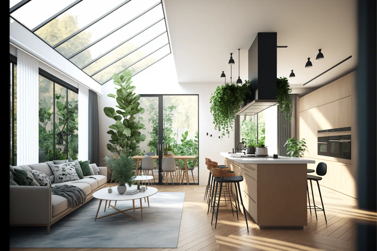 Interior Design, a perspective of of a living room and a kitchen with an island, large windows with natural light, Light colors, vegetation, modern furniture, skylight, modern minimalistic design